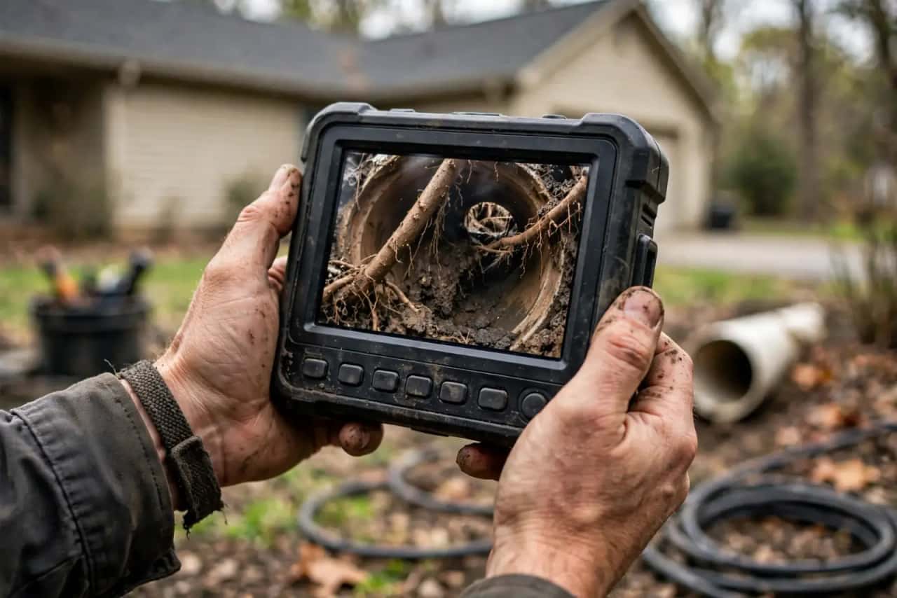 Sewer inspection monitor showing tree roots inside a clay pipe