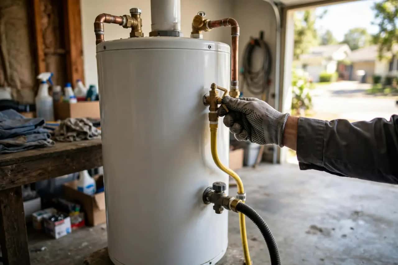 Gloved hand at the relief valve of a tank water heater in a garage